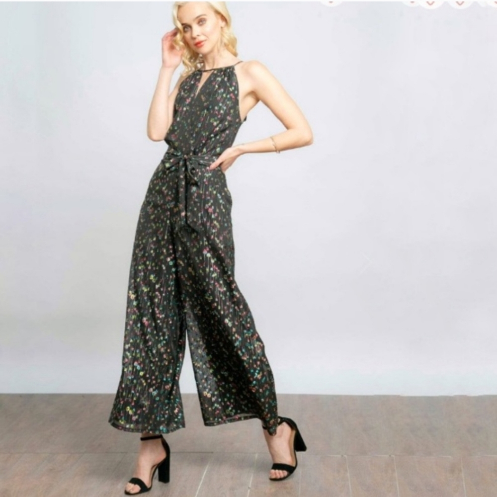 NEW Eva Franco Anthropologie Size 14 Black EDITA Metallic Wide Leg Jumpsuit